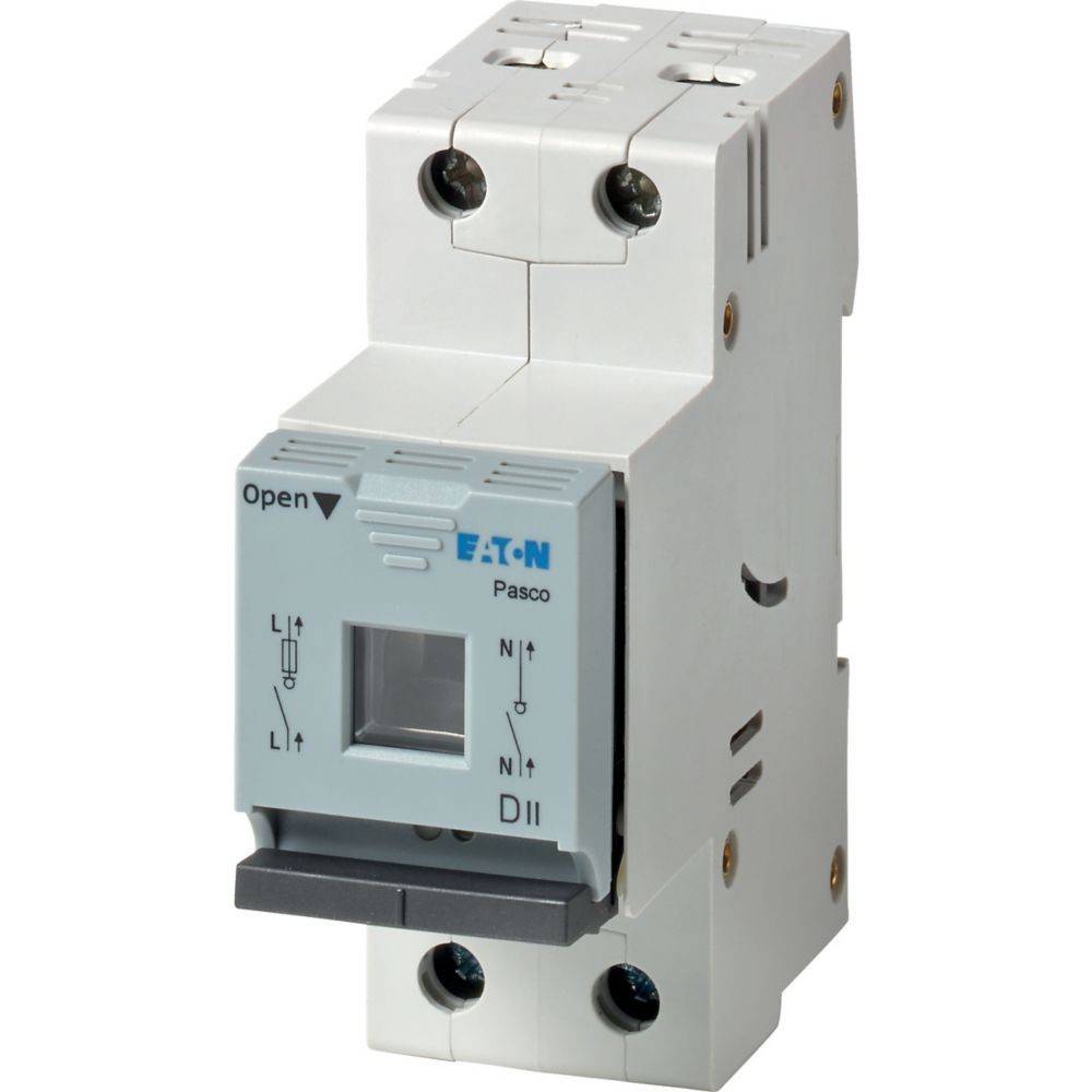 Ein weißer Elektro-Sicherungsautomat der Marke 'EATON', mit Anschlüssen für Phase (L) und Neutral (N), wobei der Schalter sich in der 'Geöffnet'-Position befindet.
