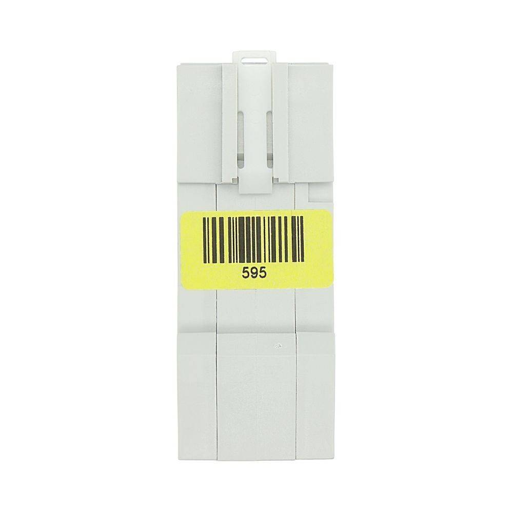 Ein weißes Plastikgerät mit einem gelben Aufkleber, auf dem ein Barcode und die Nummer '595' abgebildet sind.
