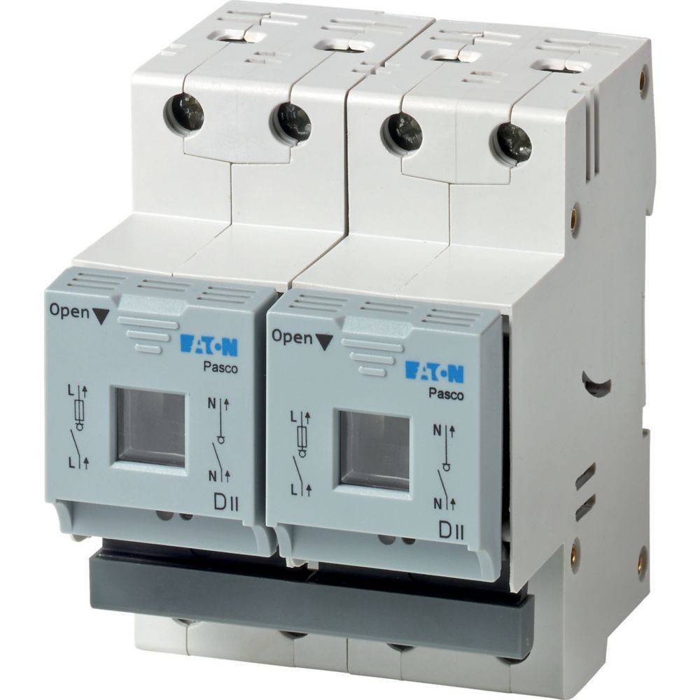 Zwei Eaton-Leistungsschalter mit beschrifteten Öffnungen für elektrische Anschlüsse.