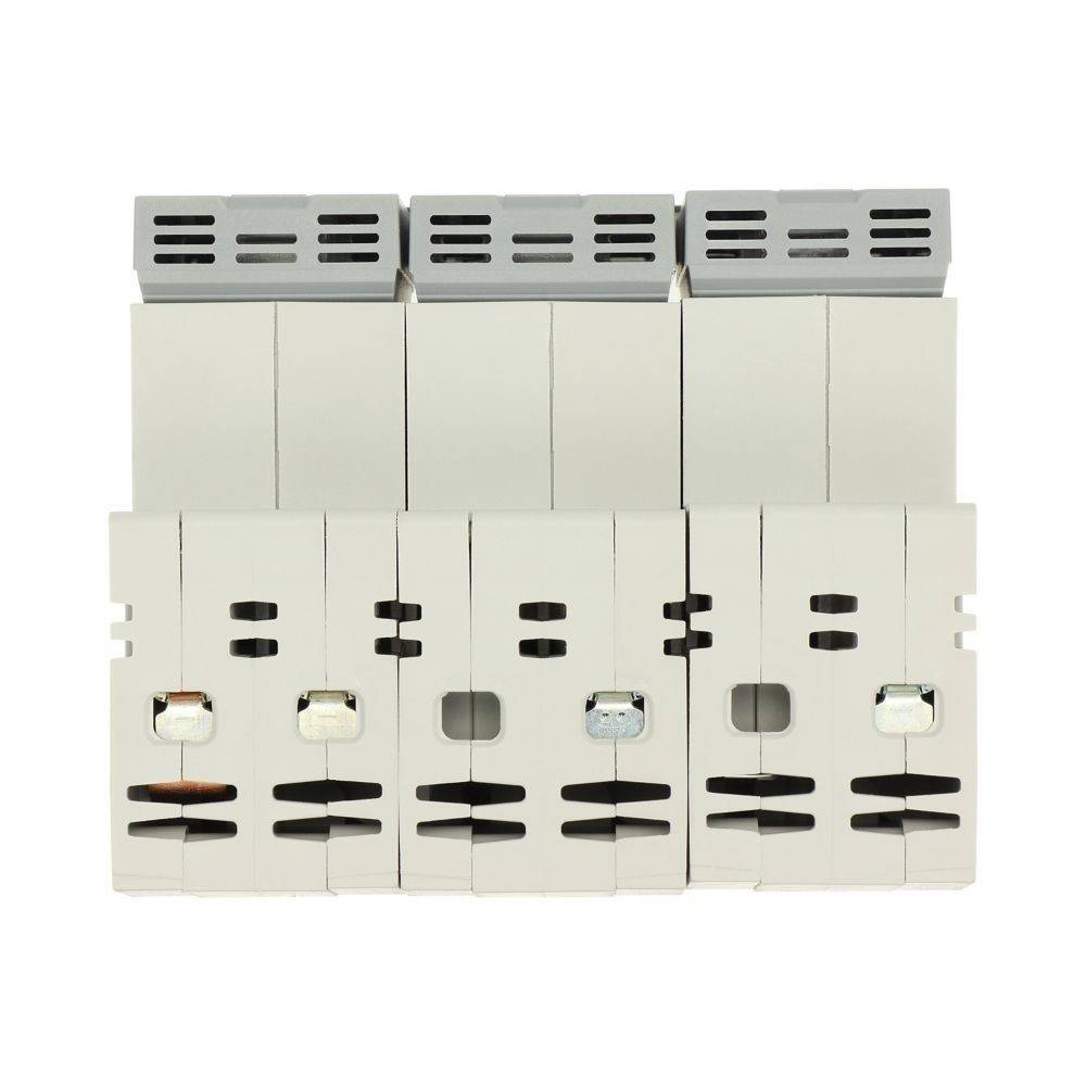 Vier modulare elektrische Komponenten, nebeneinander ausgerichtet, mit mehreren Schlitzen und Lüftungsöffnungen, die für Stromschutz oder elektrische Steuerung verwendet werden.