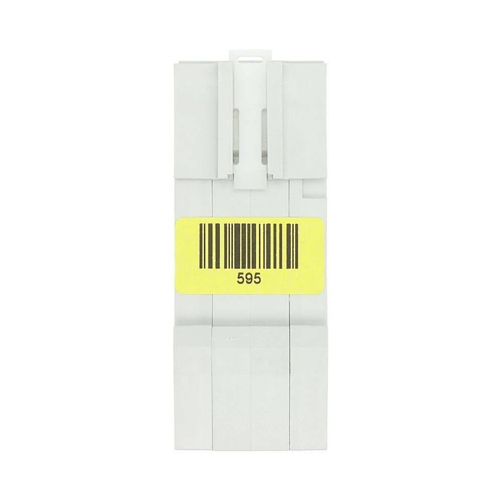 Eine weiße, rechteckige technische Komponente mit einem gelben Etikett, auf dem ein Barcode und die Nummer '595' zu sehen sind.
