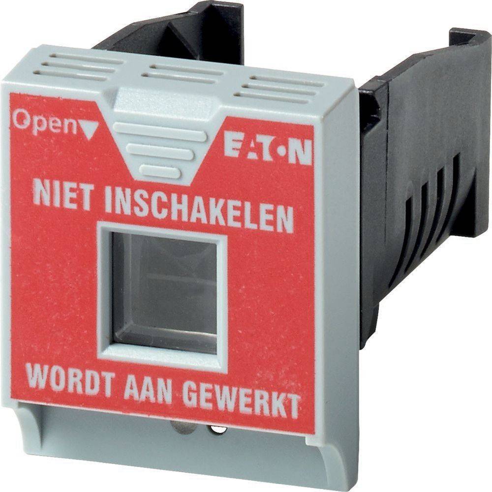 Roter und grauer Schalterabdeckung mit der Beschriftung 'NIET INSCHAKELEN WORDT AAN GEWERKT', was bedeutet 'Nicht einschalten, Arbeiten im Gange'.