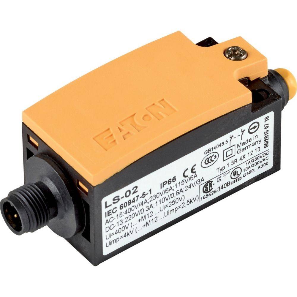 Ein Eaton LS-02 industrieller Grenztaster mit gelb-schwarzem Gehäuse, zylindrischem Anschluss und Etikett mit Modellspezifikationen.