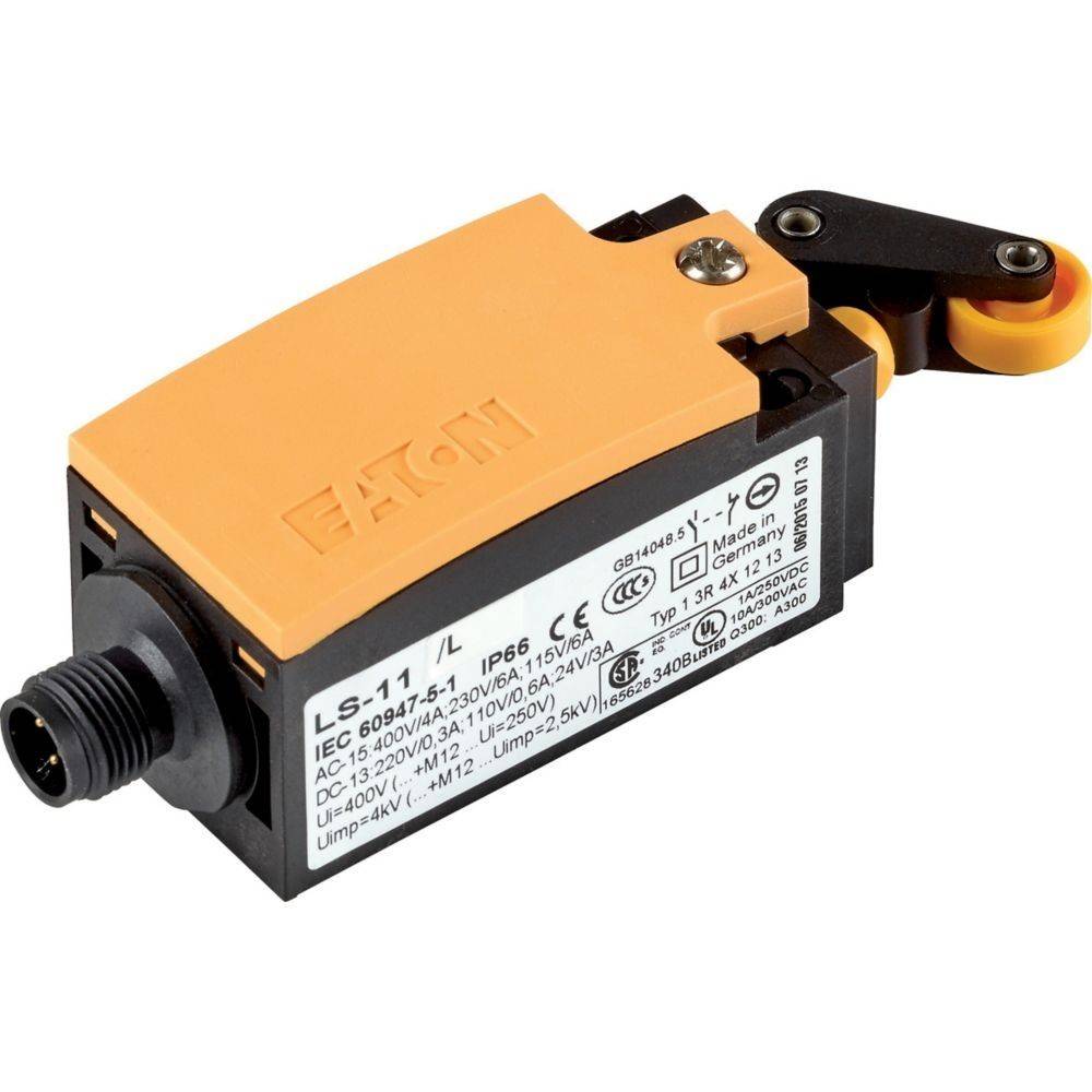 Ein Grenztaster mit einem orange-schwarzen Gehäuse, beschriftet mit 'Eaton LS-11', ausgestattet mit einem Hebelarm-Betätiger und elektrischen Spezifikationen.