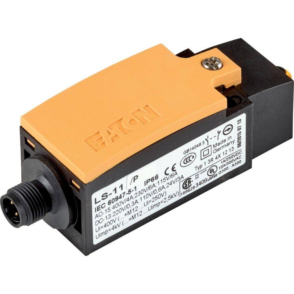 Eine Nahaufnahme eines Eaton LS-11/P Endschalters, der sein gelbes Gehäuse und detaillierte Beschriftung mit Spezifikationen wie Spannungs- und Stromwerten zeigt.