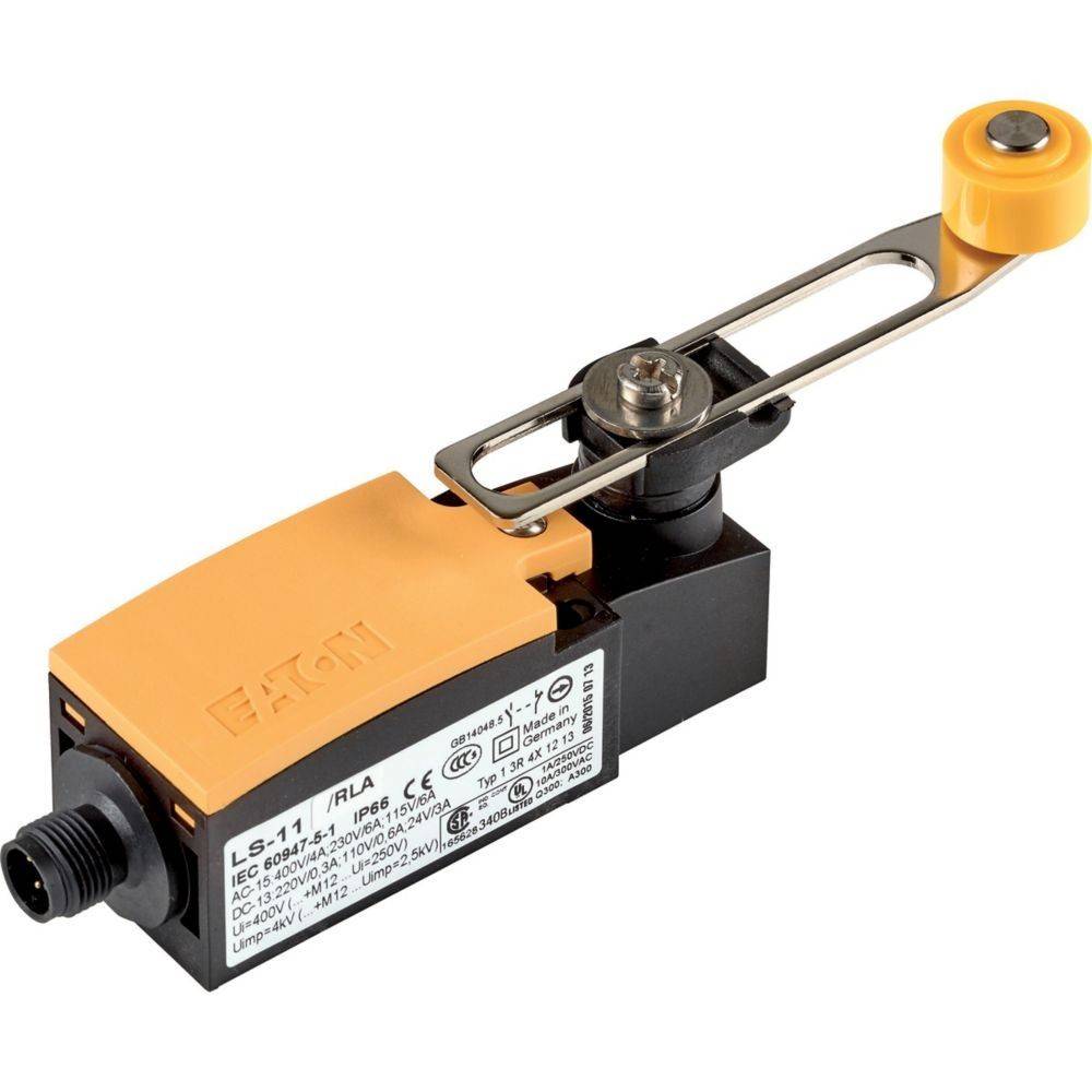 Ein Sicherheits-Grenztaster mit einem gelben Betätiger und schwarzem Sockel, ausgestattet mit einem Rollenhebel für Anwendungen in der industriellen Automatisierung.