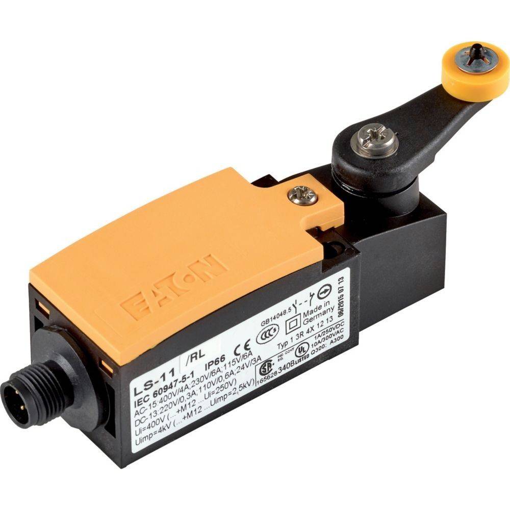 Eine Nahaufnahme eines Eaton-Grenztasters, Modell LS-11, mit seinem orangefarbenen Gehäuse, schwarzem Hebelarm und verschiedenen elektrischen Spezifikationsetiketten.