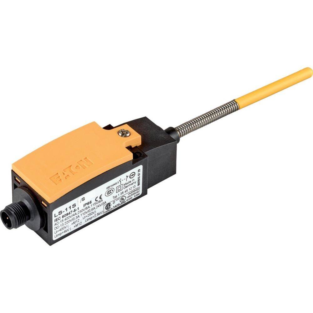 Ein industrieller Grenztaster mit einem orangefarbenen Betätiger, gelber Kabel und schwarzem Gehäuse, gekennzeichnet mit 'Eaton LS-11S' und technischen Spezifikationen.