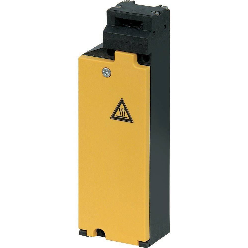Ein rechteckiges schwarzes und gelbes Gerät mit einem Warnschild, das Hitze anzeigt, wahrscheinlich eine Komponente, die in Maschinen oder elektronischen Geräten verwendet wird.
