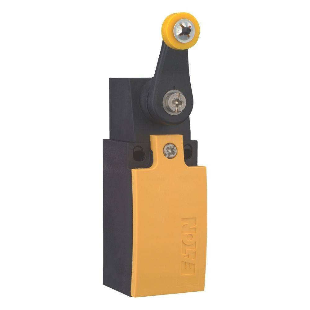 Ein Endschalter in Schwarz und Gelb, ausgestattet mit einem Rollenhebel, zur Erkennung von Position oder Anwesenheit in mechanischen Systemen.