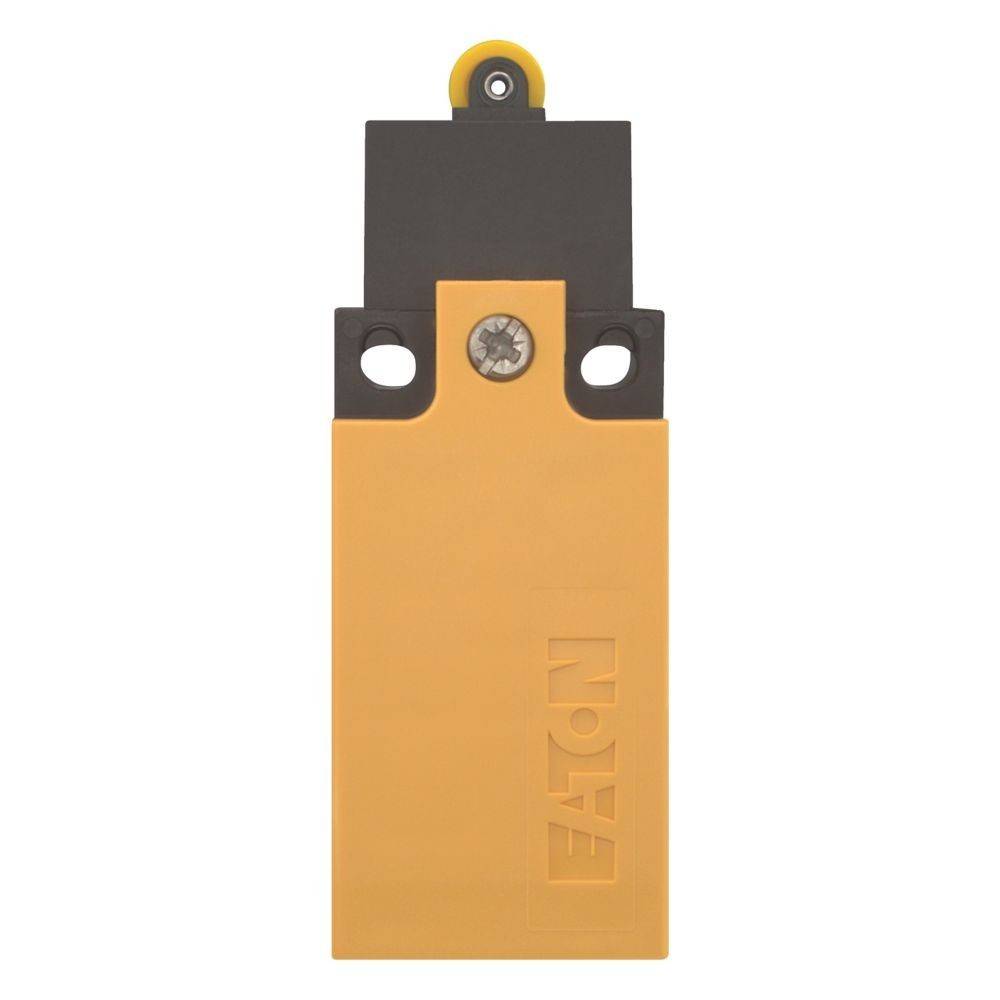 Ein gelb-schwarzer elektrischer Schalter mit dem Markennamen 'Eaton', der auf der Vorderseite eingeprägt ist. Der Schalter verfügt über einen hervorstehenden kreisförmigen Knopf auf der Oberseite.