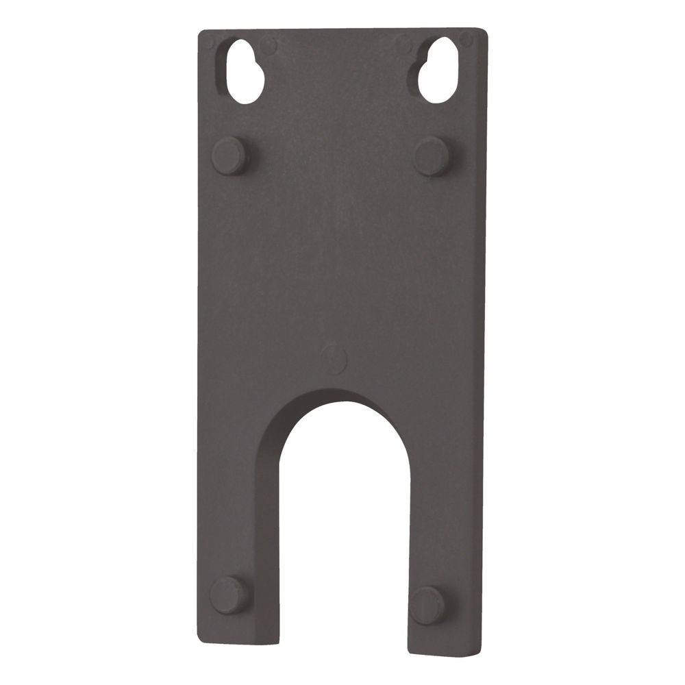 Eine rechteckige Metallplatte mit zwei ovalen Befestigungslöchern oben und einem U-förmigen Ausschnitt in der Mitte unten, die zum Aufhängen oder Befestigen von Gegenständen verwendet wird.