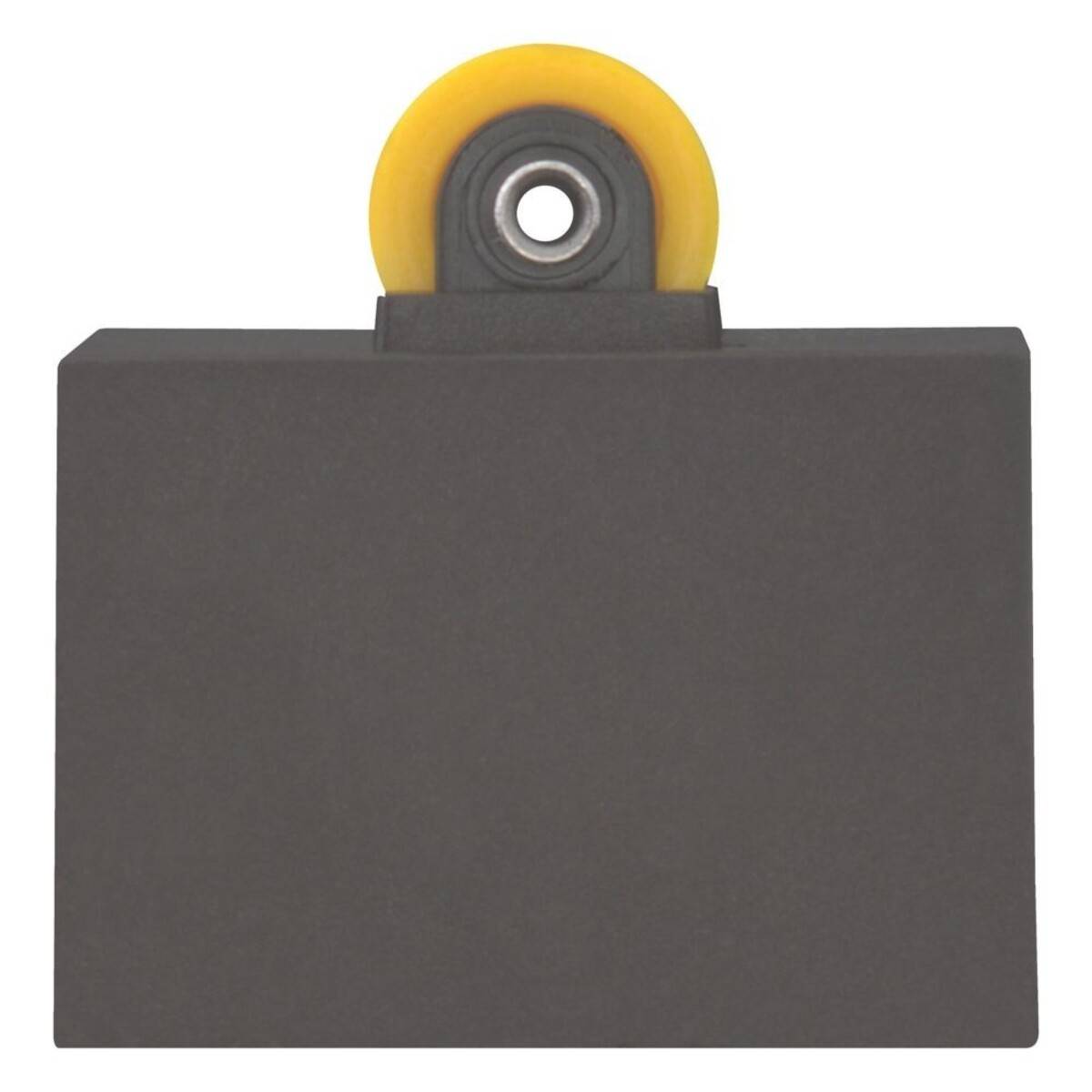 Ein schwarzes und gelbes Klemmbrett mit einer kreisförmigen gelben Klammer an der Oberseite.