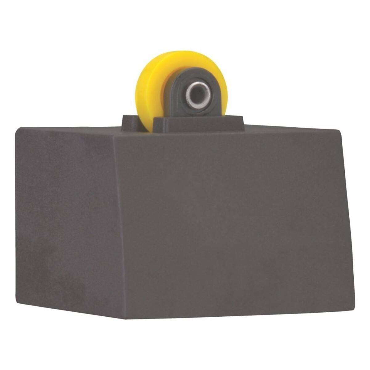 Eine schwarze Basis mit einem kleinen gelben und schwarzen Objekt obenauf, das einer stilisierten Radfelge oder Knopf ähnelt. Es wirkt industriell.