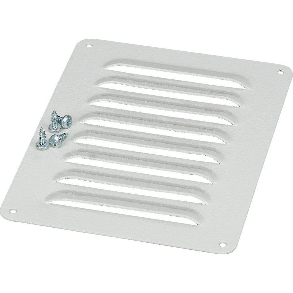 Ein weißes Metallbelüftungsgitter mit sechs horizontalen Lamellen, versehen mit vier Schrauben, das für die Luftzirkulation in Wänden oder Decken konzipiert ist.