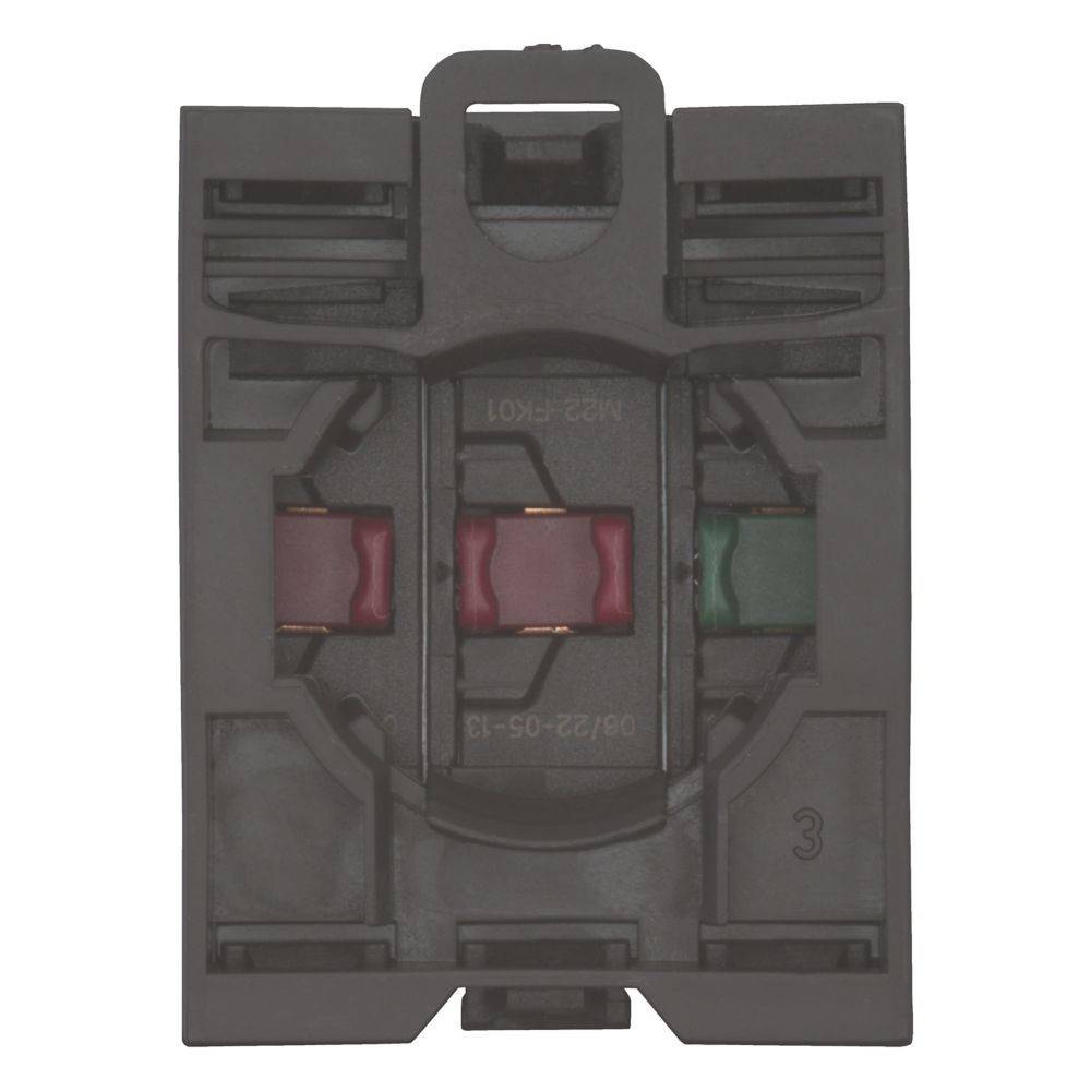 Nahaufnahme einer schwarzen elektrischen Komponente mit sichtbaren roten und grünen Sicherungen im Inneren. Markierungen und Symbole sind auch auf ihrer Oberfläche zu erkennen.