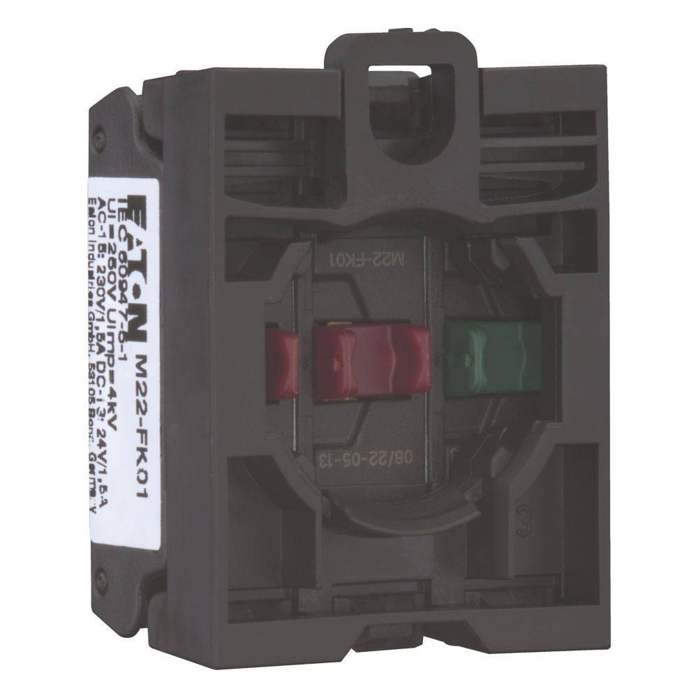 Eine Nahaufnahme eines Eaton M22-FK01 Drucktasterantrieb. Er verfügt über rote und grüne Tasten zur Steuerung elektrischer Schaltkreise.