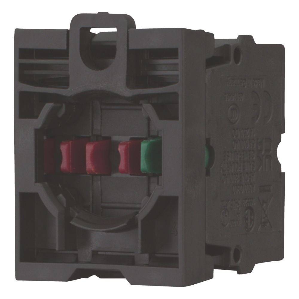 Eine schwarze elektrische Schaltsteckdose mit zwei roten und einem grünen Knopf, ausgelegt für den Einsatz in industriellen Umgebungen.