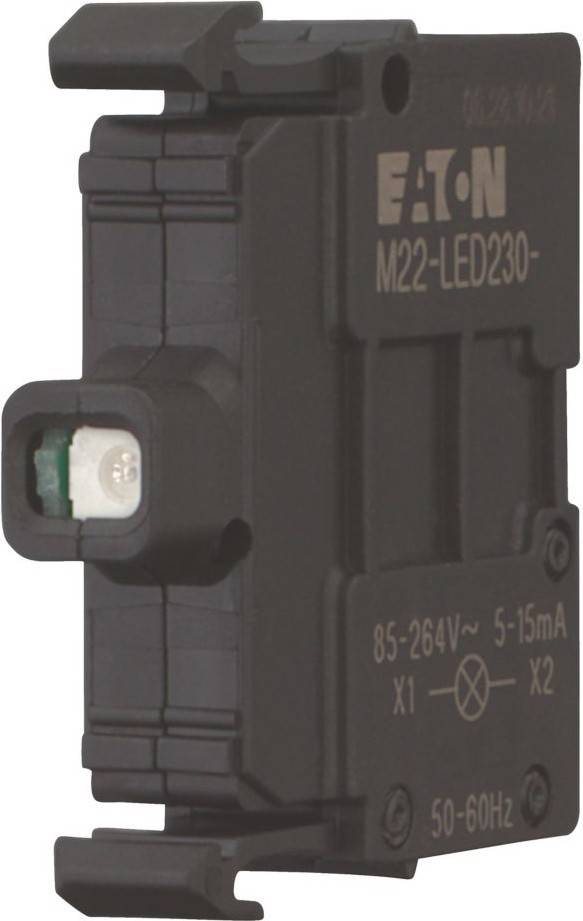 Steuereinheit M22-LED230 mit elektrischen Spezifikationen: 85-264V ~ 5-15mA von Eaton. Schwarzes Gehäuse, sichtbares LED-Modul.
