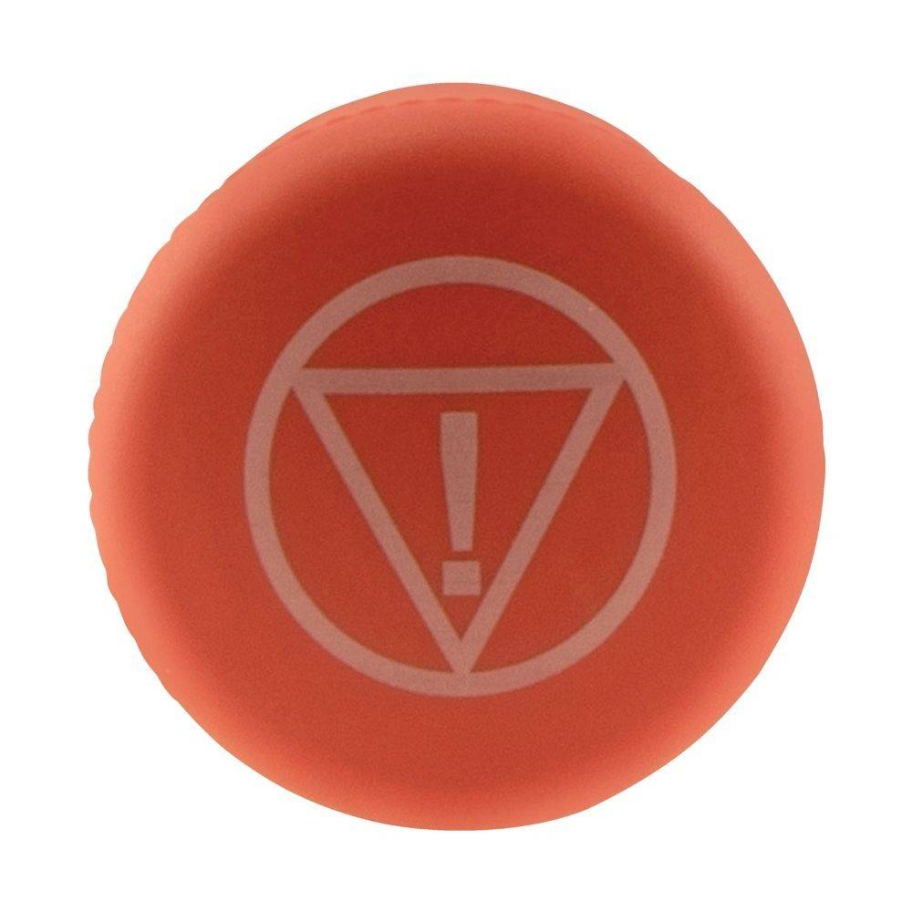 Ein rundes, orangefarbenes Objekt zeigt ein kreisförmiges Symbol mit einem Ausrufezeichen in einem umgekehrten Dreieck, was auf Vorsicht oder Warnung hindeutet.