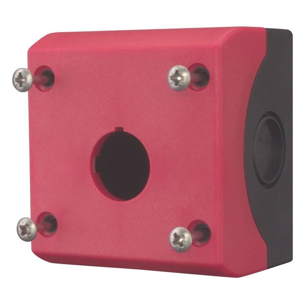 Ein roter und schwarzer quadratischer mechanischer Bestandteil mit einem zentralen Loch und vier Schrauben an jeder Ecke.