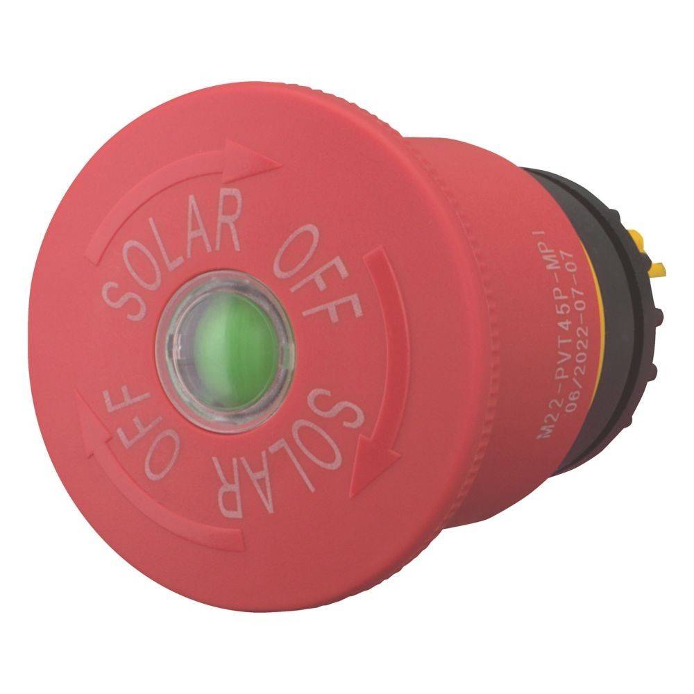 Ein roter Notaus-Schalter mit dem grauen Schriftzug ‚SOLAR AUS', der eine zentrale grüne Kontrollleuchte aufweist, verwendet zum Abschalten von Solarstromsystemen.