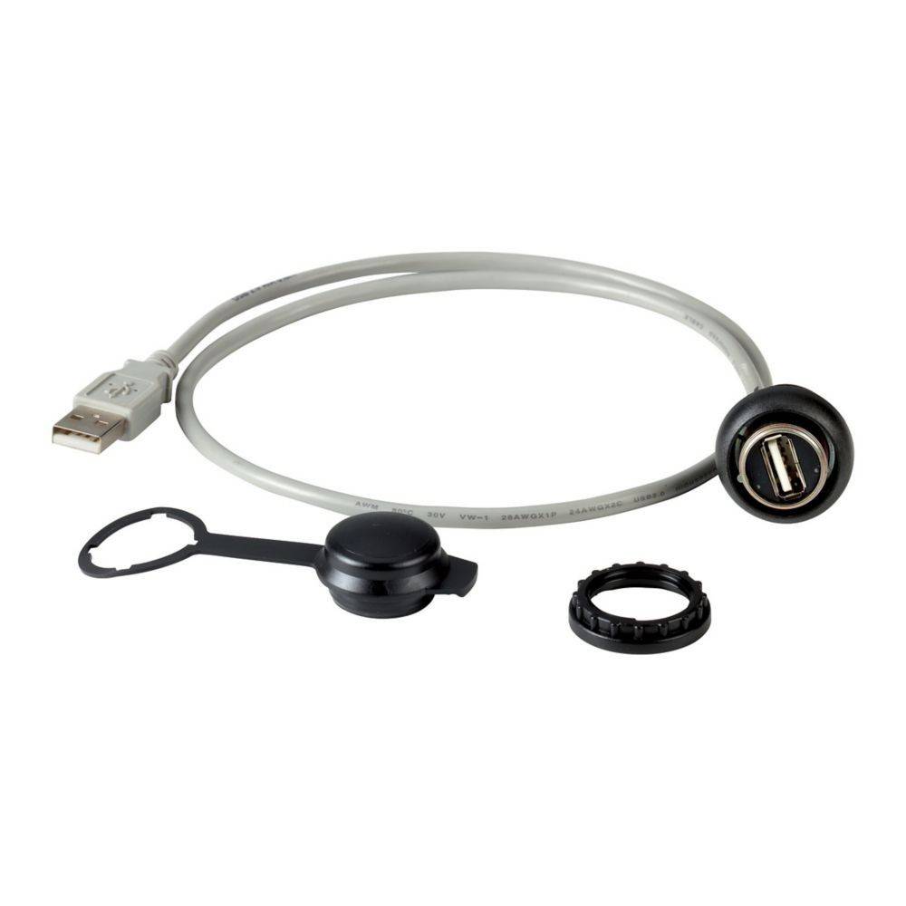 Ein weißes USB-Verlängerungskabel mit Kappe und Montagezubehör, das für eine reibungslose Paneelmontage in verschiedenen elektronischen Installationen konzipiert ist.