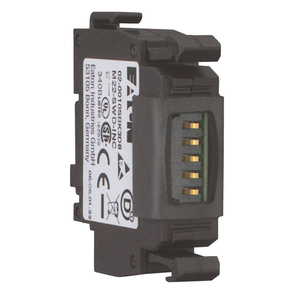 Ein elektrisches Schaltmodul mit beschrifteten Details, das ein schwarzes Gehäuse, goldene Kontakte und auf der Seite angebrachte Produktspezifikationen zeigt.