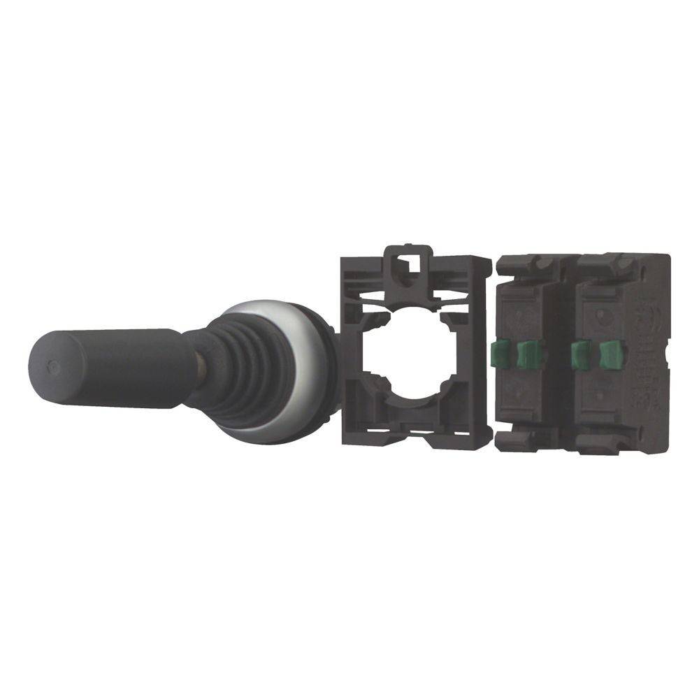 Ein Joystick-Hebel neben einer Halterung und elektrischen Komponenten, zerlegt dargestellt, wobei die Teile eines Steuerungssystems demonstriert werden.