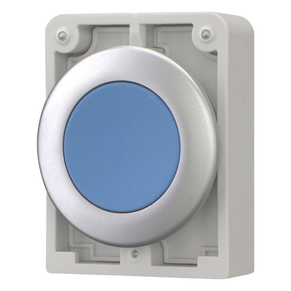 Ein blauer runder Knopf auf einer quadratischen silbernen und grauen Oberfläche, der einem Türklingel- oder Alarmknopf ähnelt, senkrecht an einer Wand montiert.