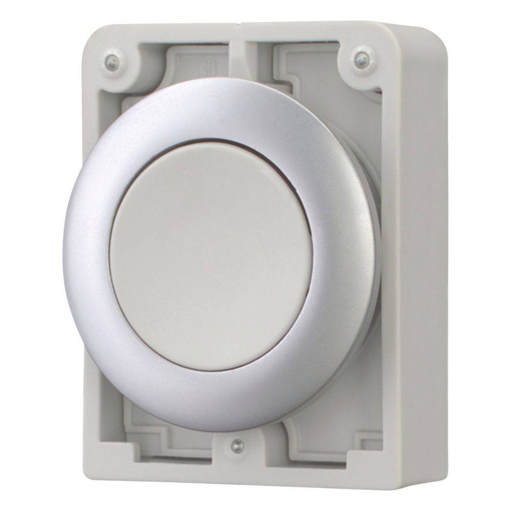 Runder, weißer Dimmer in einem quadratischen, grauen Wandrahmen, frontal ausgerichtet.