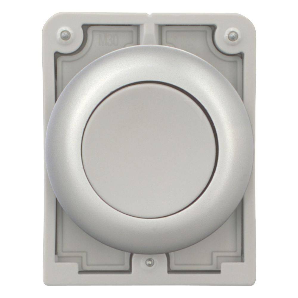Ein runder, grauer Wanddimmer mit einem zentralen Drehknopf, eingebettet in einen rechteckigen, silberfarbenen Rahmen.
