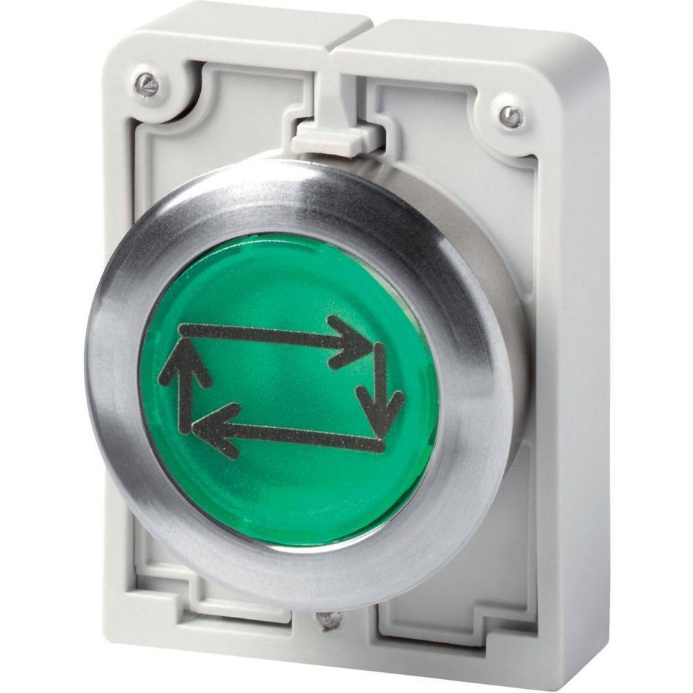 Ein grüner Knopf mit Doppelpfeilköpfen, eingeschlossen in einem grauen Gehäuse, der eine Schalt- oder Rücksetfunktion anzeigt.