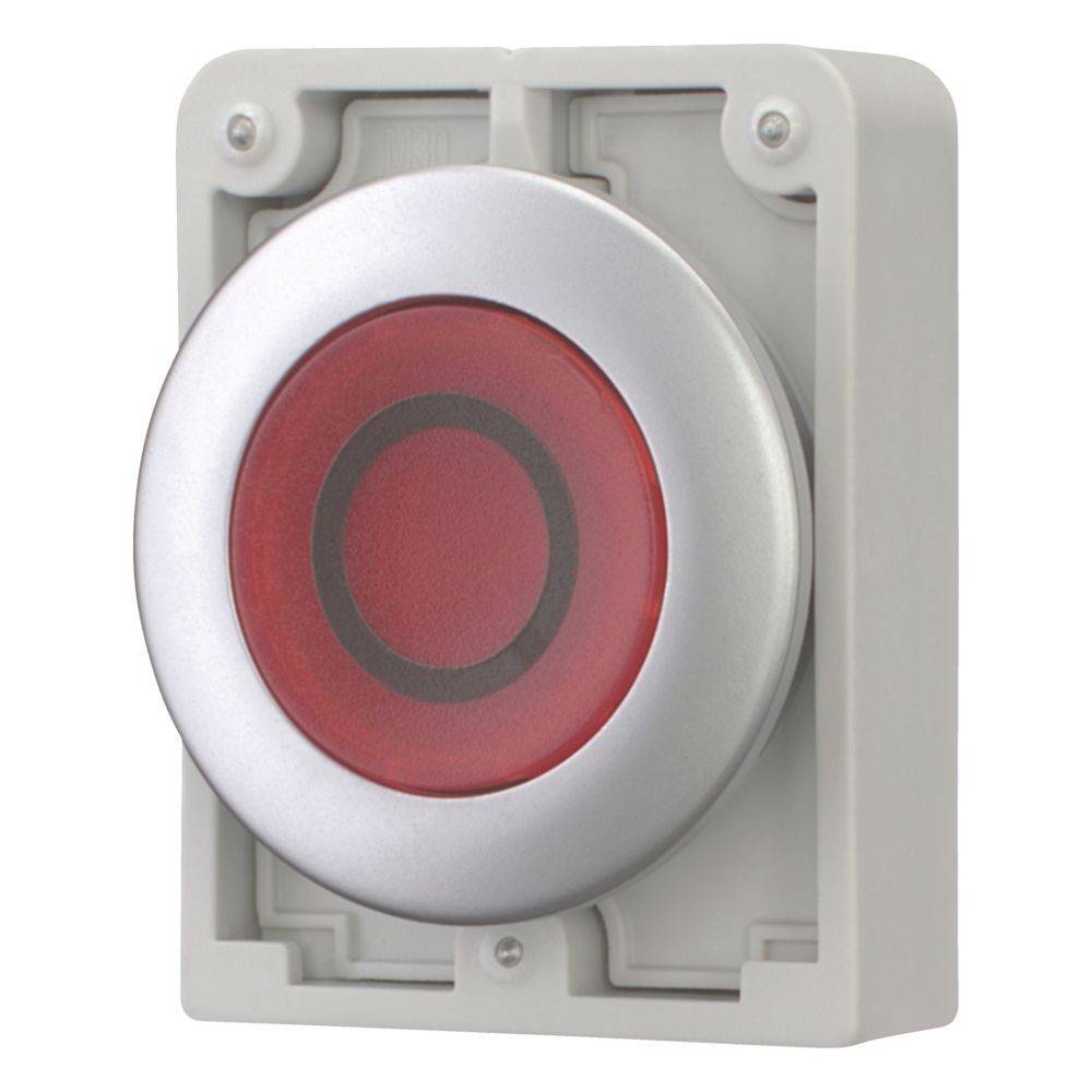 Roter Druckknopf mit silbernem Rand, eingebaut in ein graues Plastikgehäuse, häufig verwendet für Not- oder Alarmsysteme.