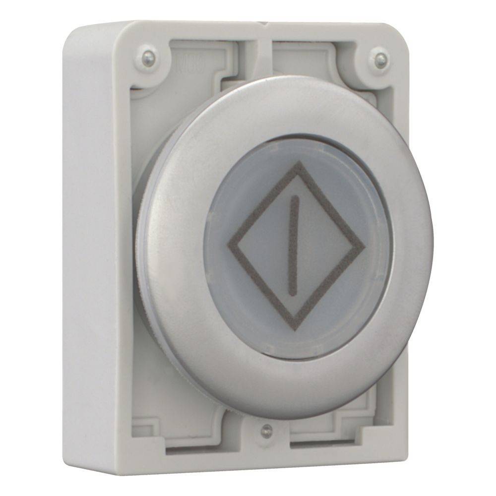 Druckschalter mit einem Diamantsymbol im Inneren. In einem grauen, rechteckigen Gehäuse untergebracht, wird er üblicherweise zur Zugangskontrolle oder zur Auslösung von Warnungen verwendet.