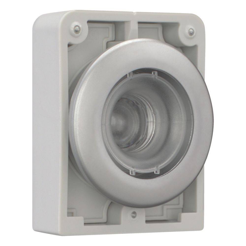 Ein weißer, wandmontierter Dreh-Dimmer aus Kunststoff mit einem transparenten, kreisrunden Knopf in der Mitte.