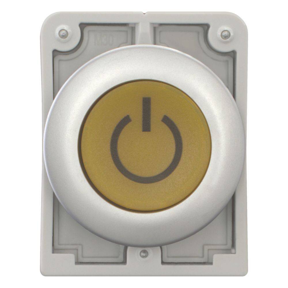 Eine Nahaufnahme eines silbernen und goldenen Einschaltknopfs mit einem Stromsteckersymbol, montiert auf einer rechteckigen grauen Kunststoffbasis.