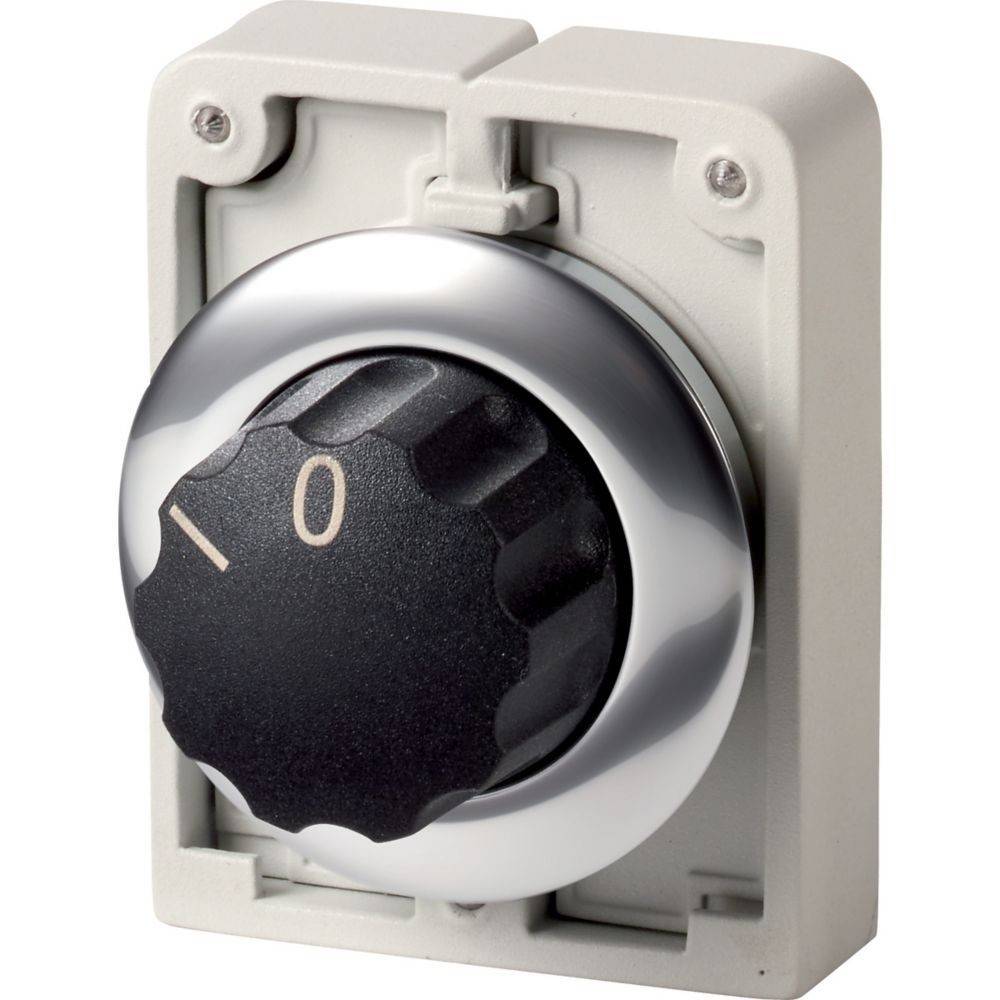 Ein schwarzer Drehschalter in einem grauen Gehäuse, der auf '0' gestellt ist und damit die Ausschaltposition an einem elektrischen Gerät anzeigt.