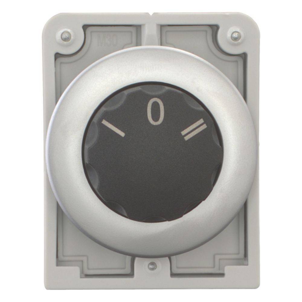 Ein schwarzer Drehschalter, der auf '0' eingestellt ist und sich auf einem grauen rechteckigen Panel befindet, wird verwendet, um Einstellungen zu steuern, höchstwahrscheinlich für einen Ventilator oder die Lichtintensität.