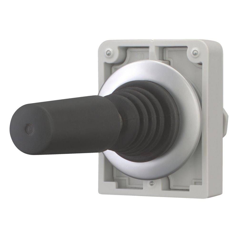 Ein schwarzer industrieller Joystick mit einer silbernen Basis und vorstehender Hebel, montiert auf einer weißen quadratischen Platte.