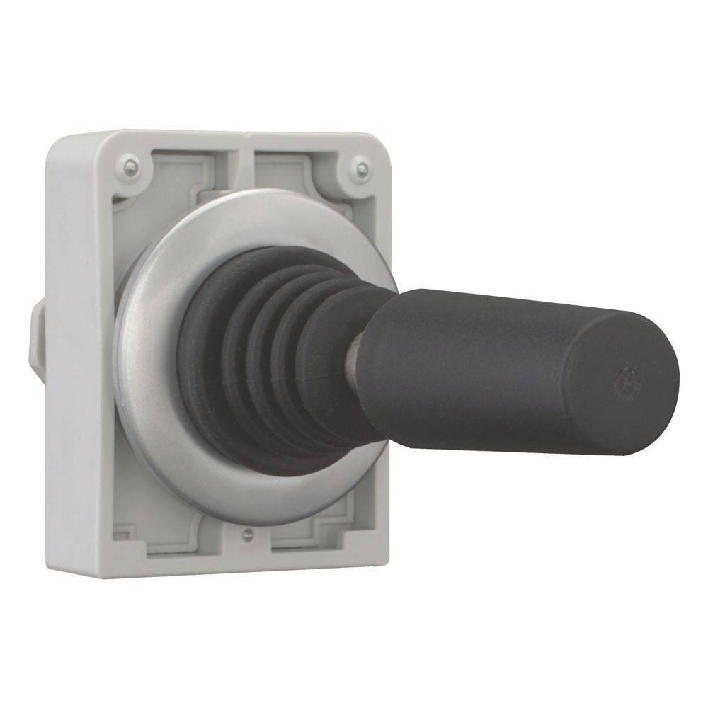 Ein Joystick aus Metall und Kunststoff mit einem schwarzen Griff und grauer Basis, montiert auf einer Wandplatte.