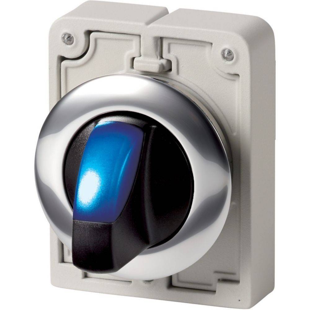 Ein metallischer Drehschalter mit blau-schwarzem Griff, der auf einem grauen Panel montiert ist und zur Steuerung elektrischer Schaltkreise oder Geräte verwendet wird.