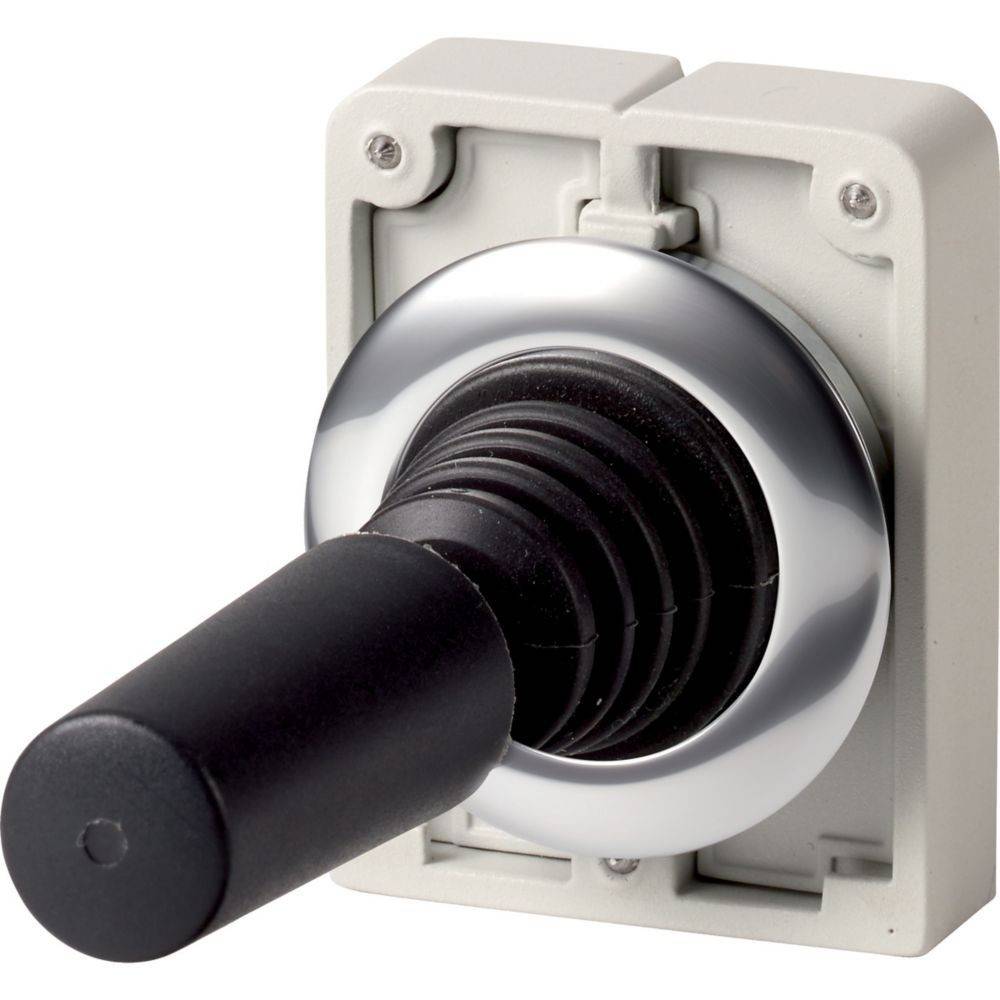 Ein schwarzer Joystick mit einem zylindrischen Griff auf einer quadratischen, grauen Halterungsplatte, der häufig zur Steuerung von elektronischen Geräten oder Maschinen verwendet wird.