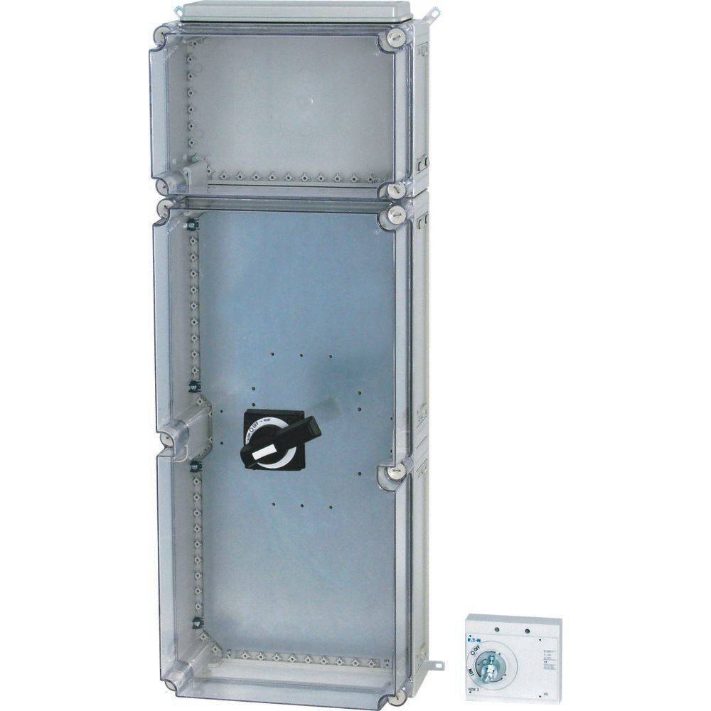 Elektrische Verteilerdose mit einem schwarzen Griff in der Mitte, transparenter Deckel mit sichtbaren Schrauben an den Kanten. Kleine Kontrollplatte in der Nähe.