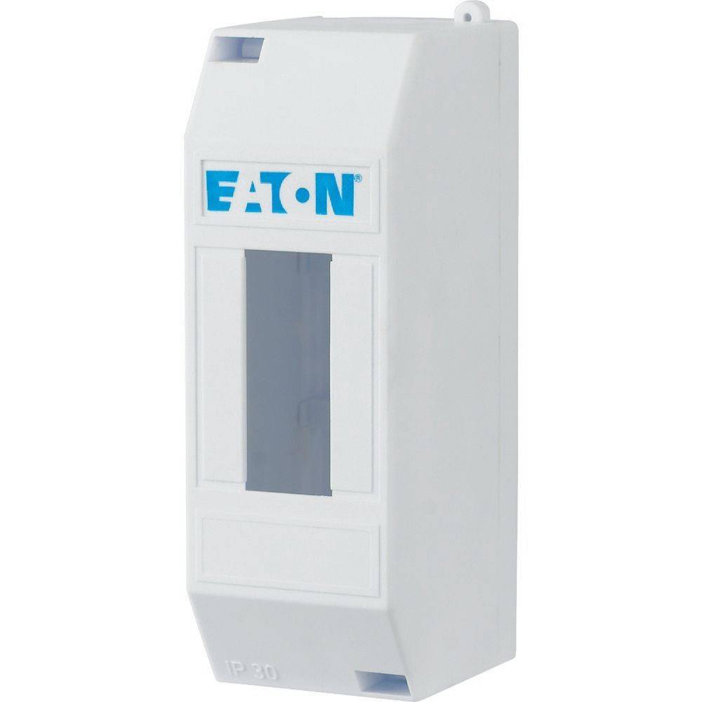 Weißes elektrisches Gehäuse, mit der Marke 'EATON' und dessen Logo gekennzeichnet, von einem schrägen Winkel aus betrachtet. Der Deckel verfügt über einen transparenten Abschnitt, der das Innere sichtbar macht.