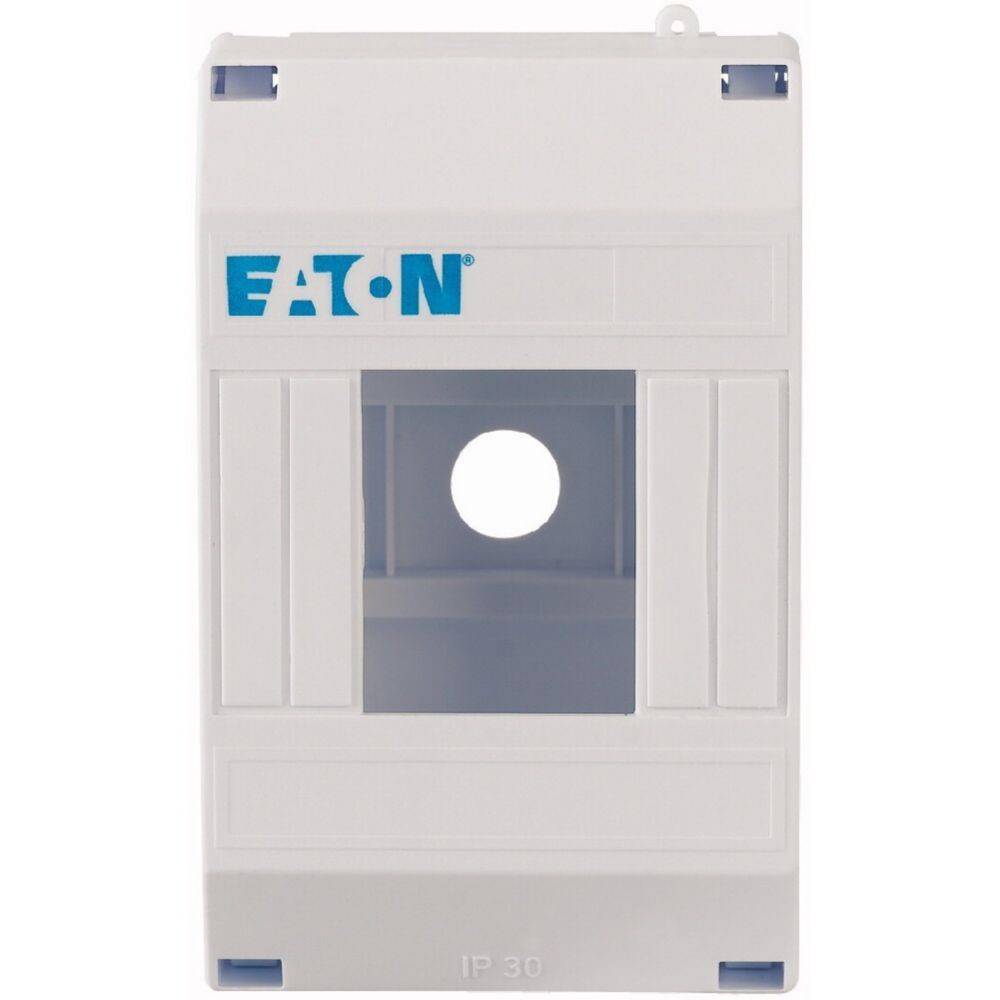 Eine Schutzabdeckung in Weiß, entwickelt für elektrische Komponenten, mit einer zentralen kreisförmigen Öffnung und dem blauen 'EATON' Logo.