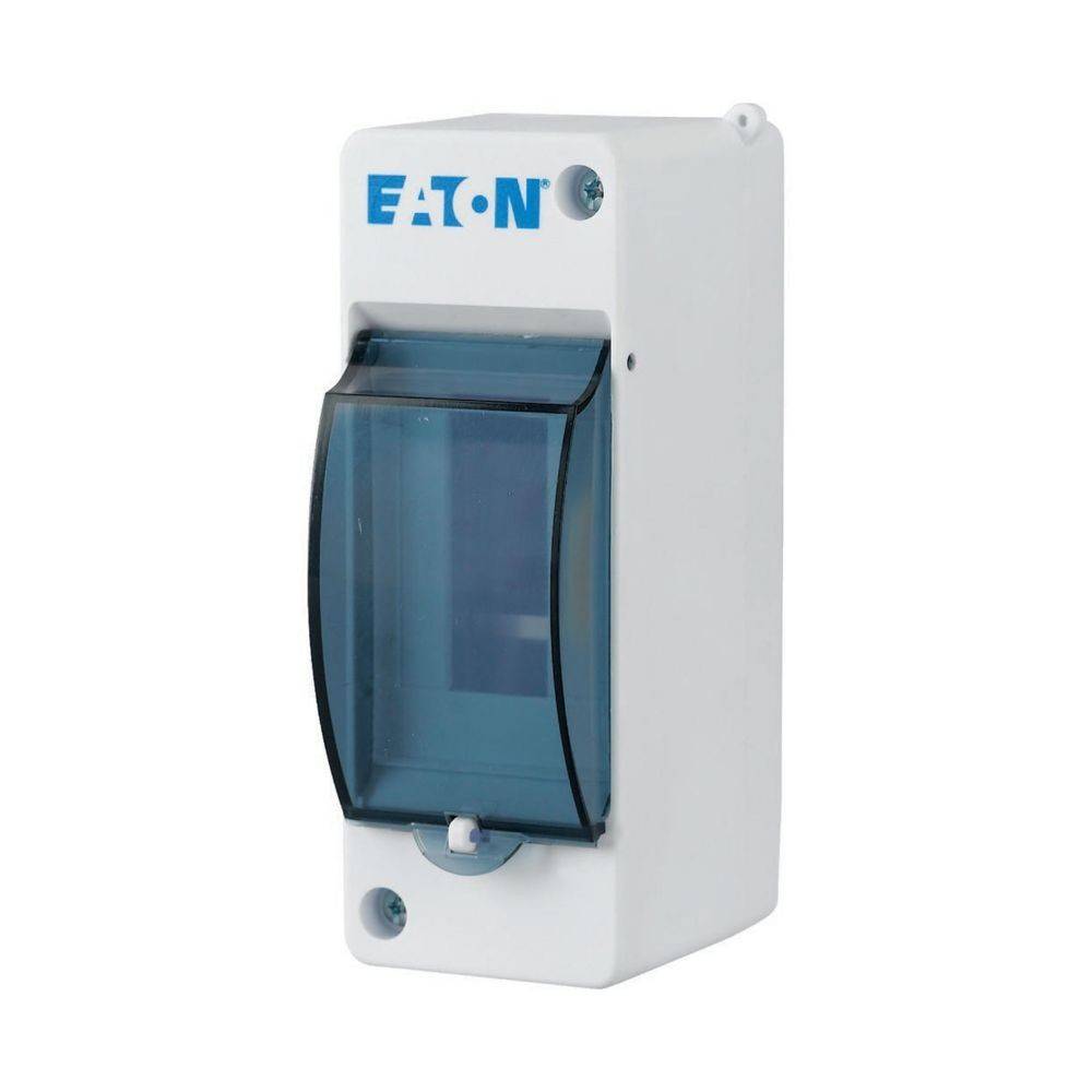 Weißes elektrisches Gehäuse mit transparenter Abdeckung, mit der Aufschrift 'Eaton', konzipiert zur Unterbringung von Sicherungsautomaten oder elektrischen Komponenten.