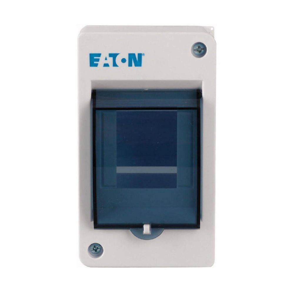 Ein weißer Eaton-Elektroschalter mit einer dunklen transparenten Abdeckung, an einer Wand montiert.