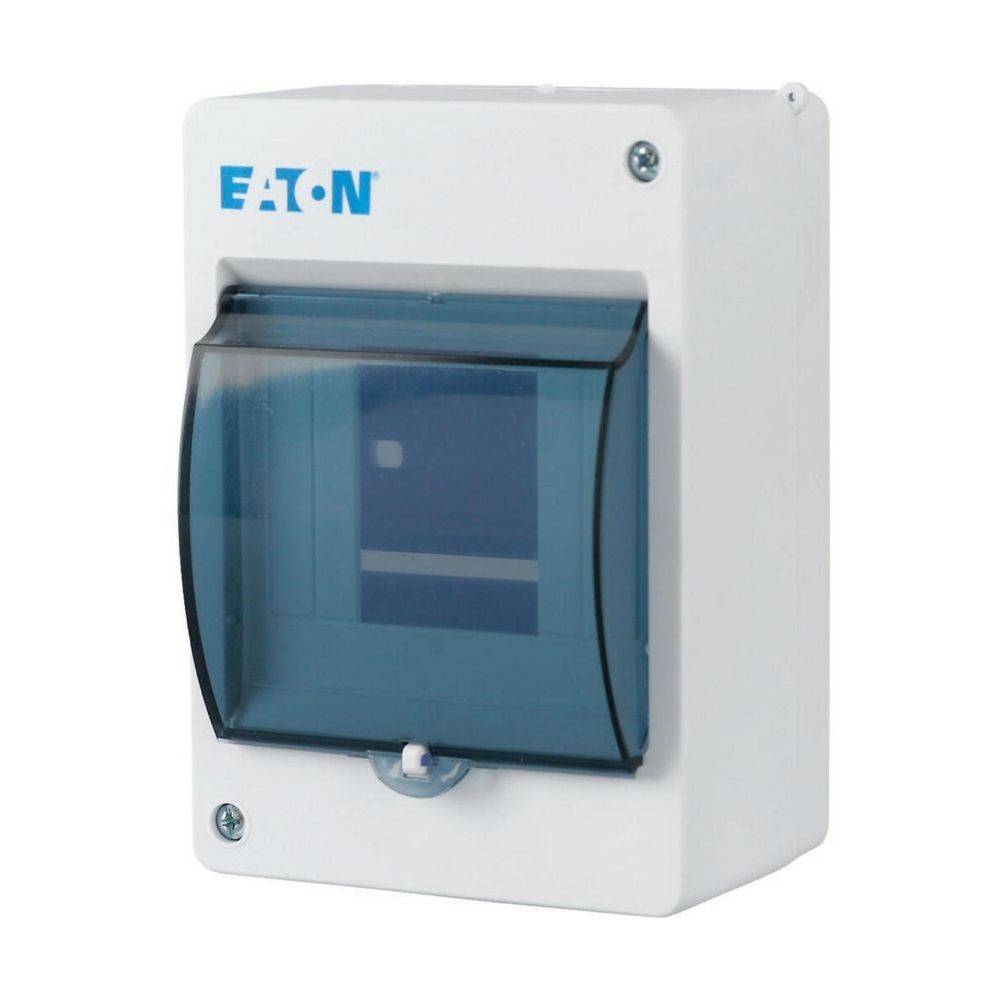 Eine weiße Eaton-Elektrogehäuse mit einem transparenten blauen Deckel, der einen Teil einer internen Schaltungskomponente zeigt.