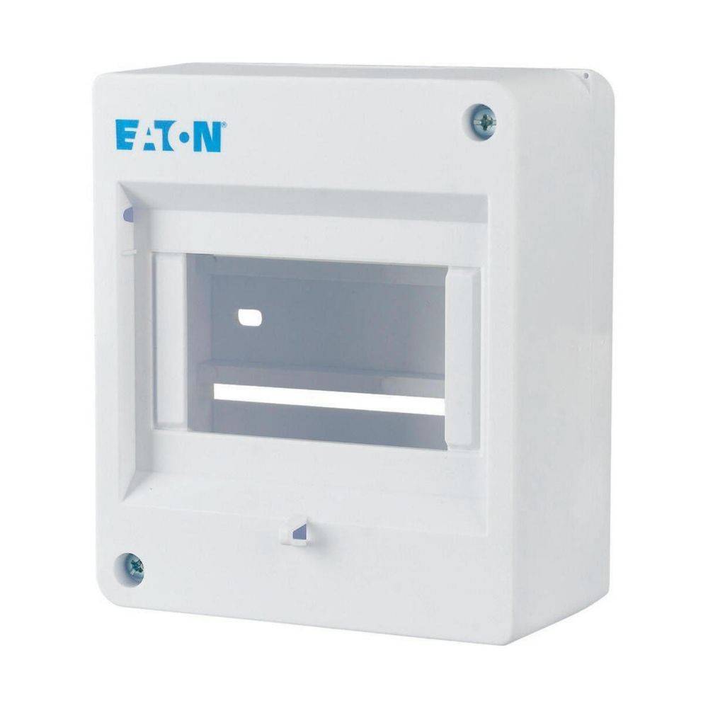 Weiße elektrische Sicherungsverteilerdose der Marke 'EATON', mit transparentem Frontdeckel und drei sichtbaren Befestigungen an der Vorderseite.